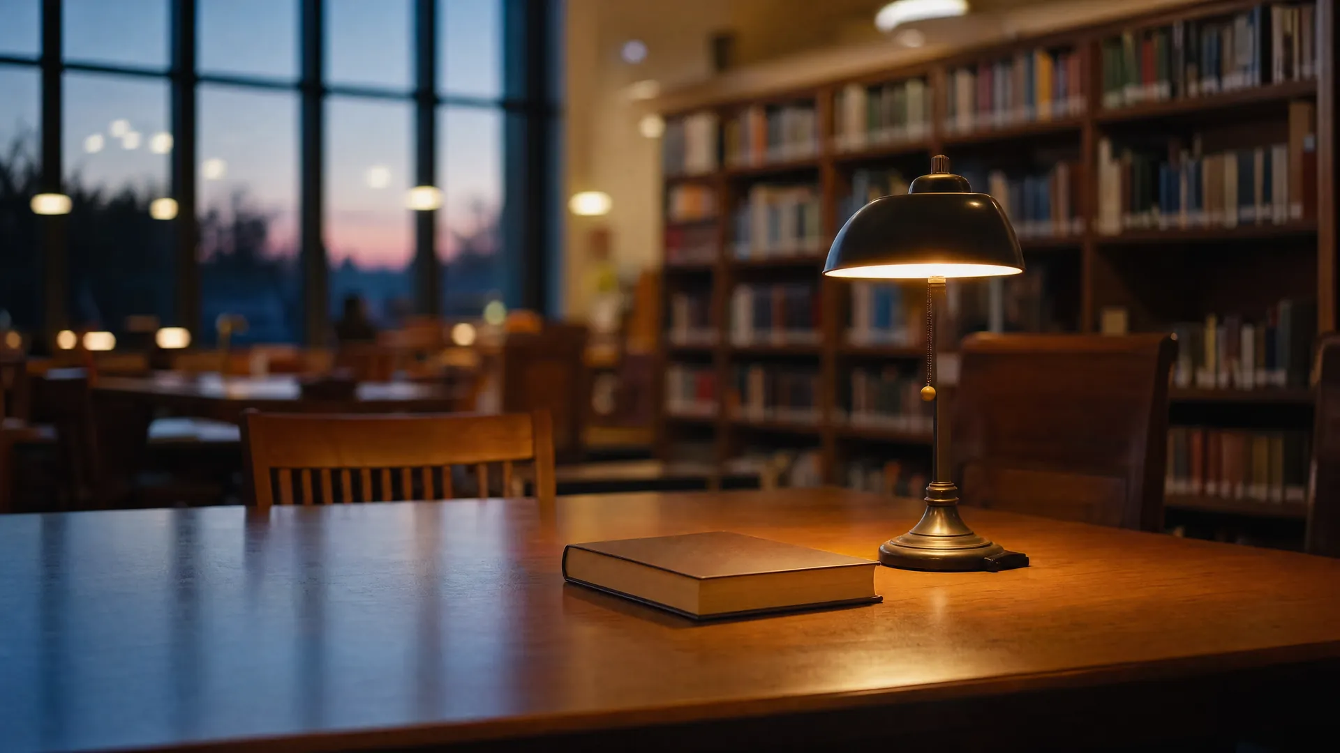 Mesa de lectura vacía con un libro cerrado y una lámpara al atardecer