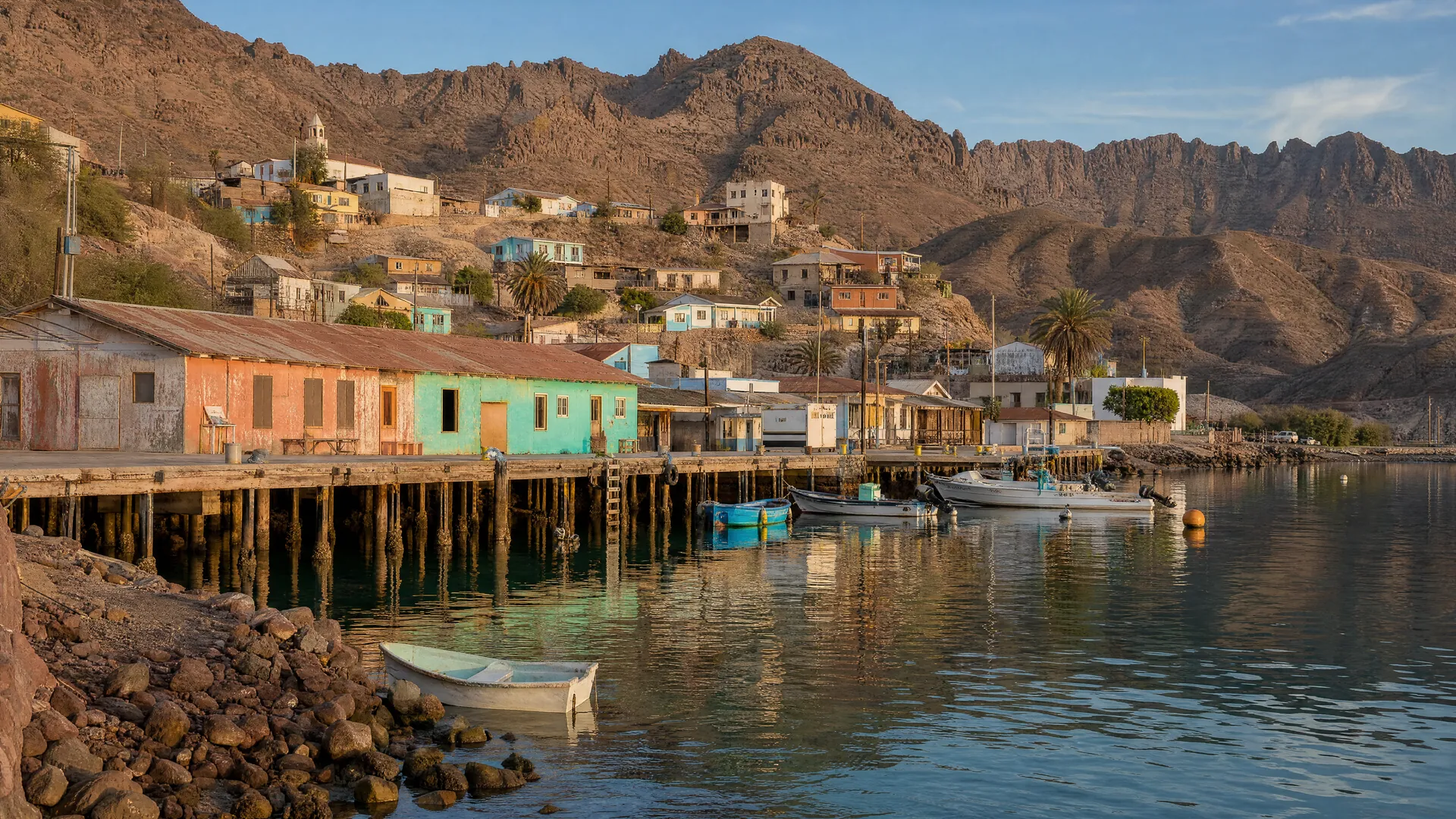 Vista tranquila del puerto de Santa Rosalía con casas de madera de colores, lanchas en el Golfo de California y cerros desérticos al amanecer.