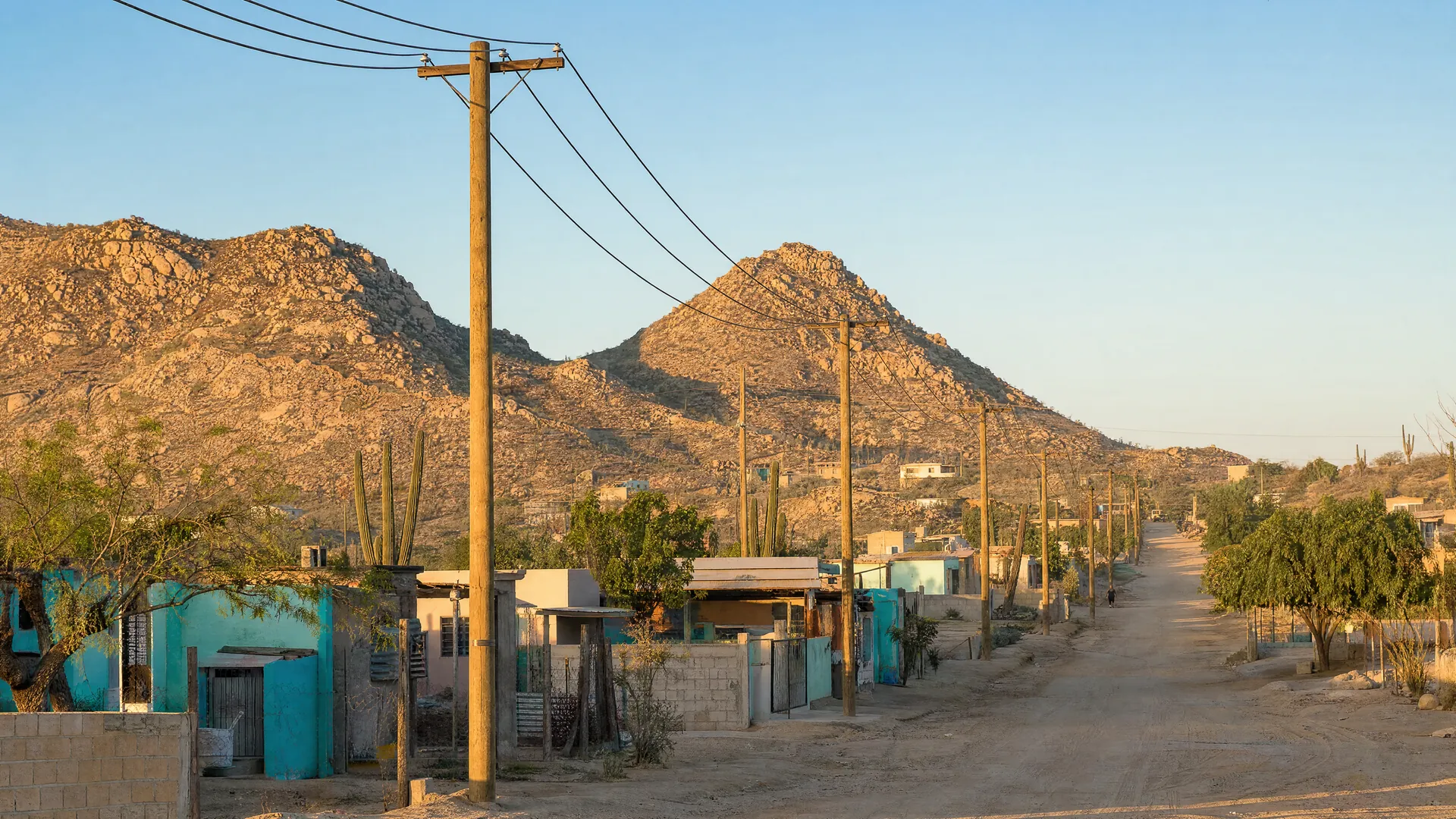 Postes de luz nuevos con cables a lo largo de una calle de tierra en una colonia con casas sencillas y mezquites en Cabo San Lucas