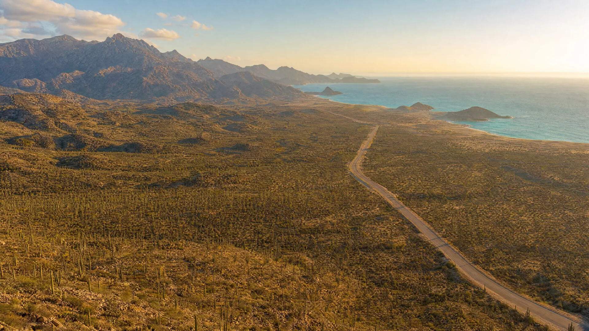 Vista aérea del extenso desierto sudcaliforniano con sierras, cardones y una carretera solitaria hacia el Golfo de California al atardecer.