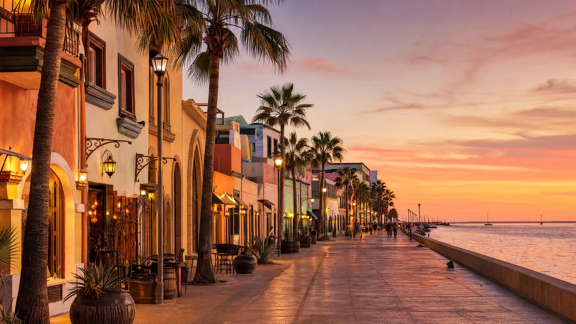 Malecón de La Paz al atardecer con locales comerciales de colores pastel, palmeras y el mar de Cortés en tonos dorados