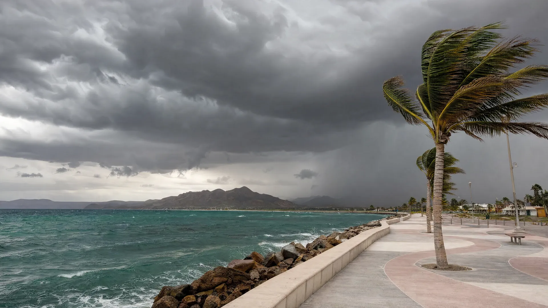 Nubes de tormenta oscuras sobre el Golfo de California, con palmeras agitadas por el viento en un malecón vacío y montañas desérticas al fondo.