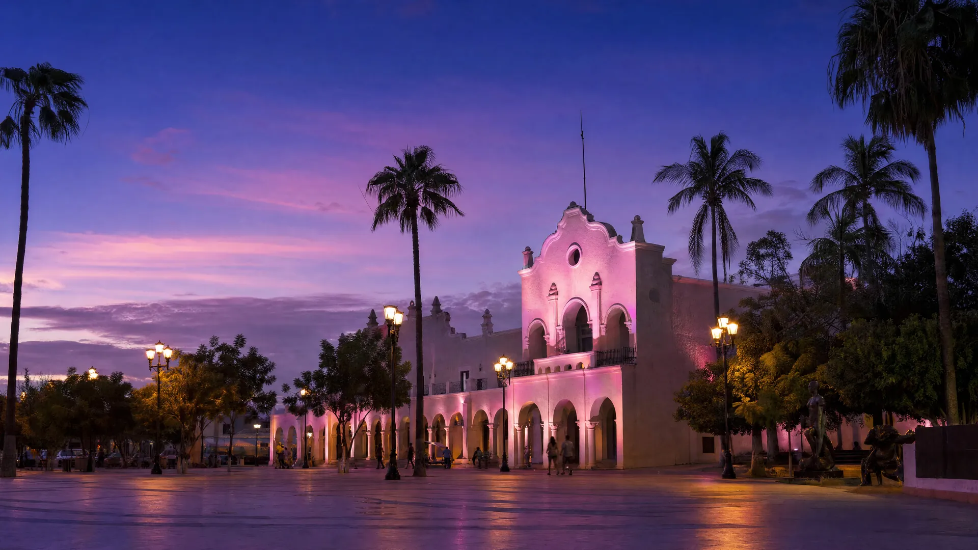 Palacio Municipal de Los Cabos iluminado de rosa al anochecer, con palmeras y una plaza tranquila con pocas personas a lo lejos.