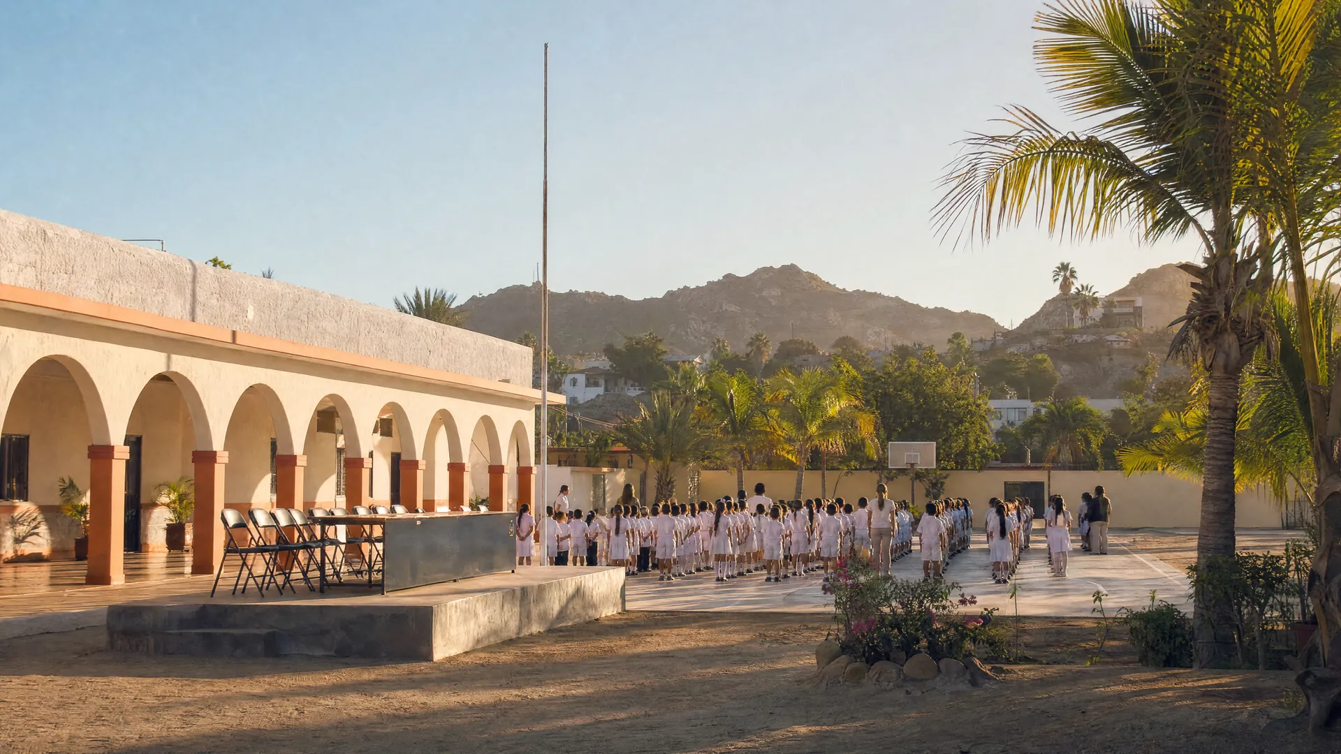Patio de una escuela primaria en Los Cabos preparado para una ceremonia cívica, con asta, sillas y alumnos lejanos bajo luz matinal.