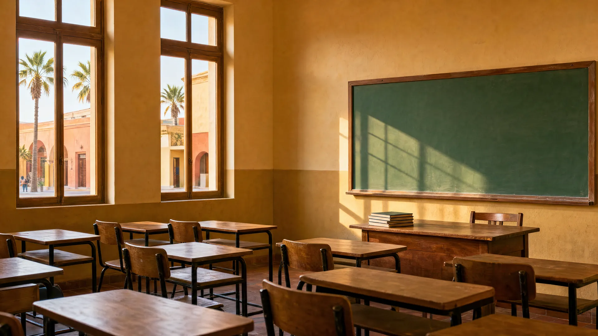 Salón de clases vacío en Los Cabos con pupitres de madera, pizarrón verde y luz dorada de la tarde entrando por ventanas con palmeras.