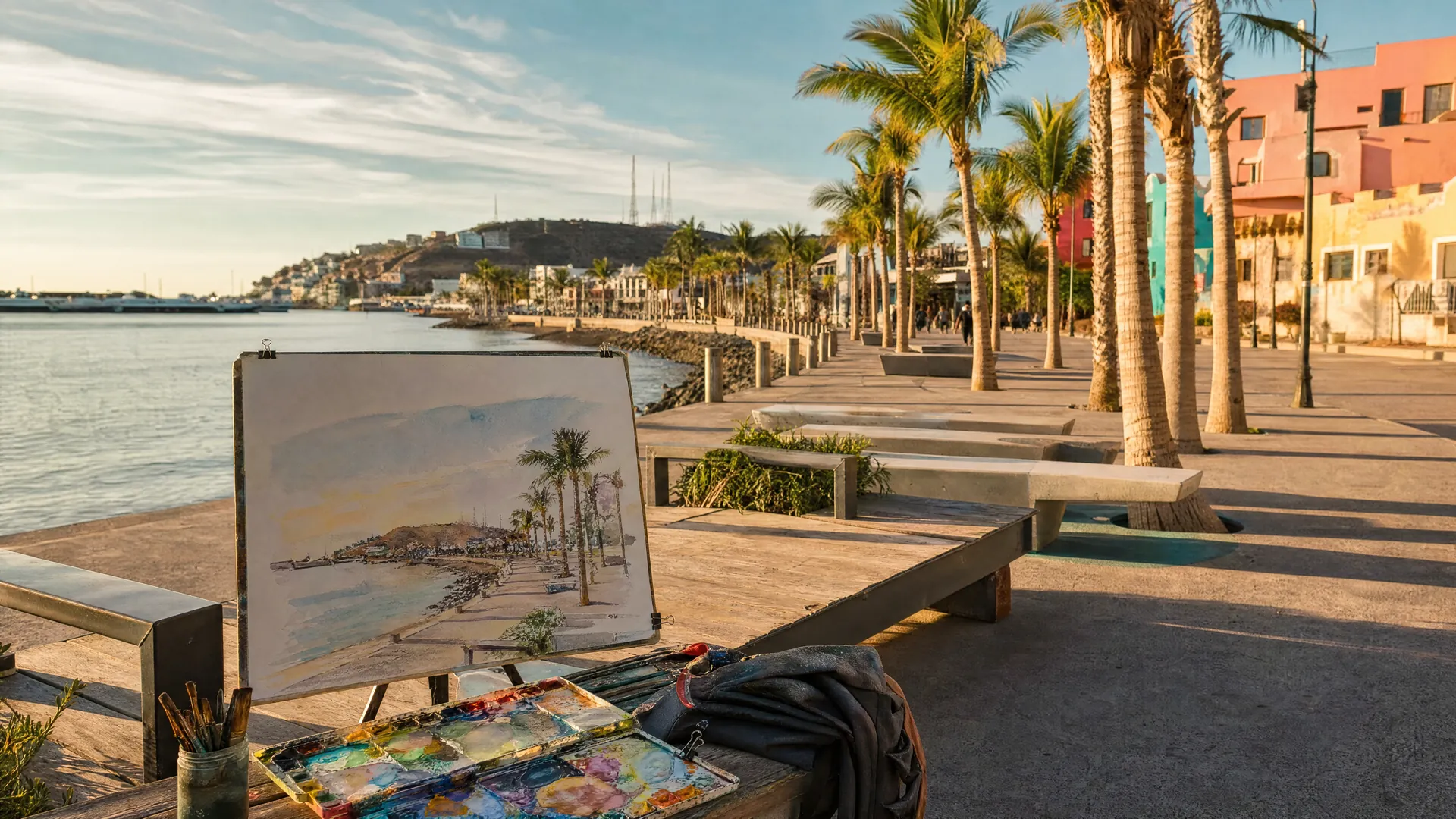 Caballete con una acuarela inacabada frente al malecón de La Paz, con palmeras, el mar y edificios de colores al atardecer.