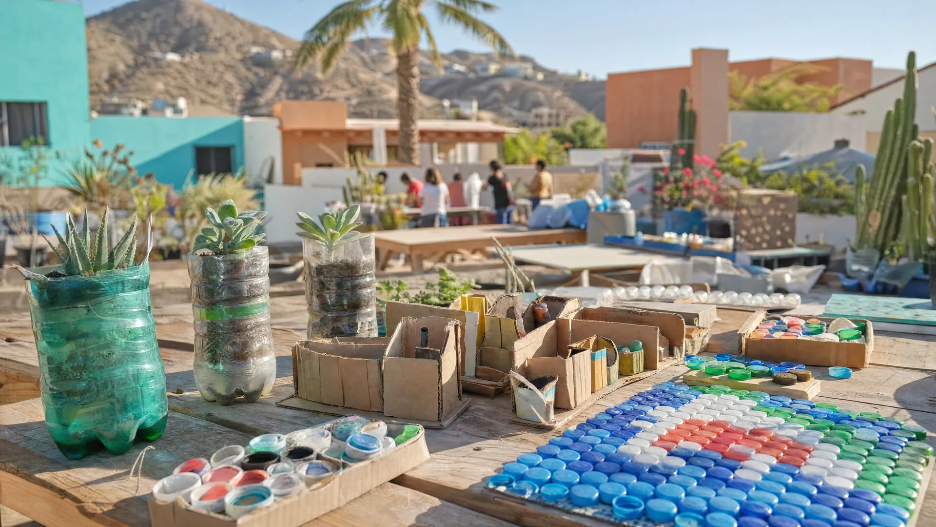Mesa al aire libre con manualidades hechas de botellas, cartón y tapas recicladas en una colonia de Los Cabos, con casas pastel y palmeras