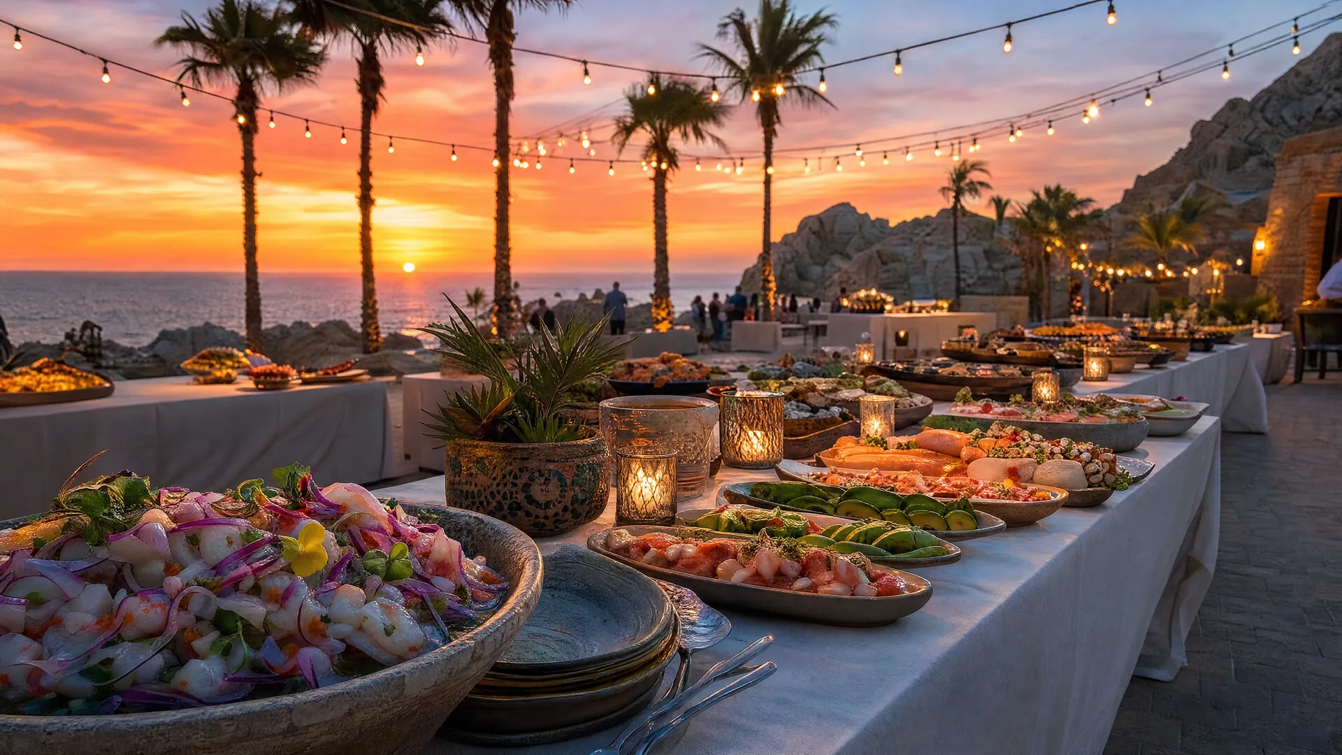 Mesas con platillos gourmet y mariscos bajo luces colgantes junto a palmeras al atardecer en Los Cabos, con siluetas lejanas de asistentes.