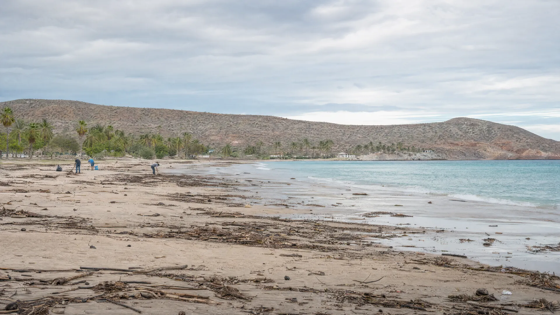 Playa de La Ribera tras las lluvias, con troncos y basura en la orilla y pequeñas figuras lejanas limpiando la arena bajo nubes que se despejan.