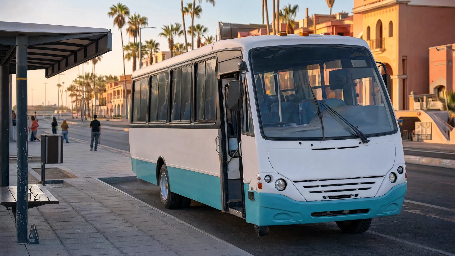 Microbús de transporte público estacionado en una parada de una calle con palmeras en La Paz, con edificios de colores pastel al amanecer.