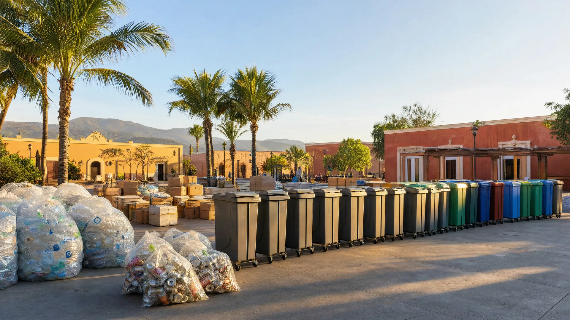 Contenedores de reciclaje, cajas de cartón y botellas apiladas en una plaza colonial de Todos Santos con palmeras y fachadas color pastel.