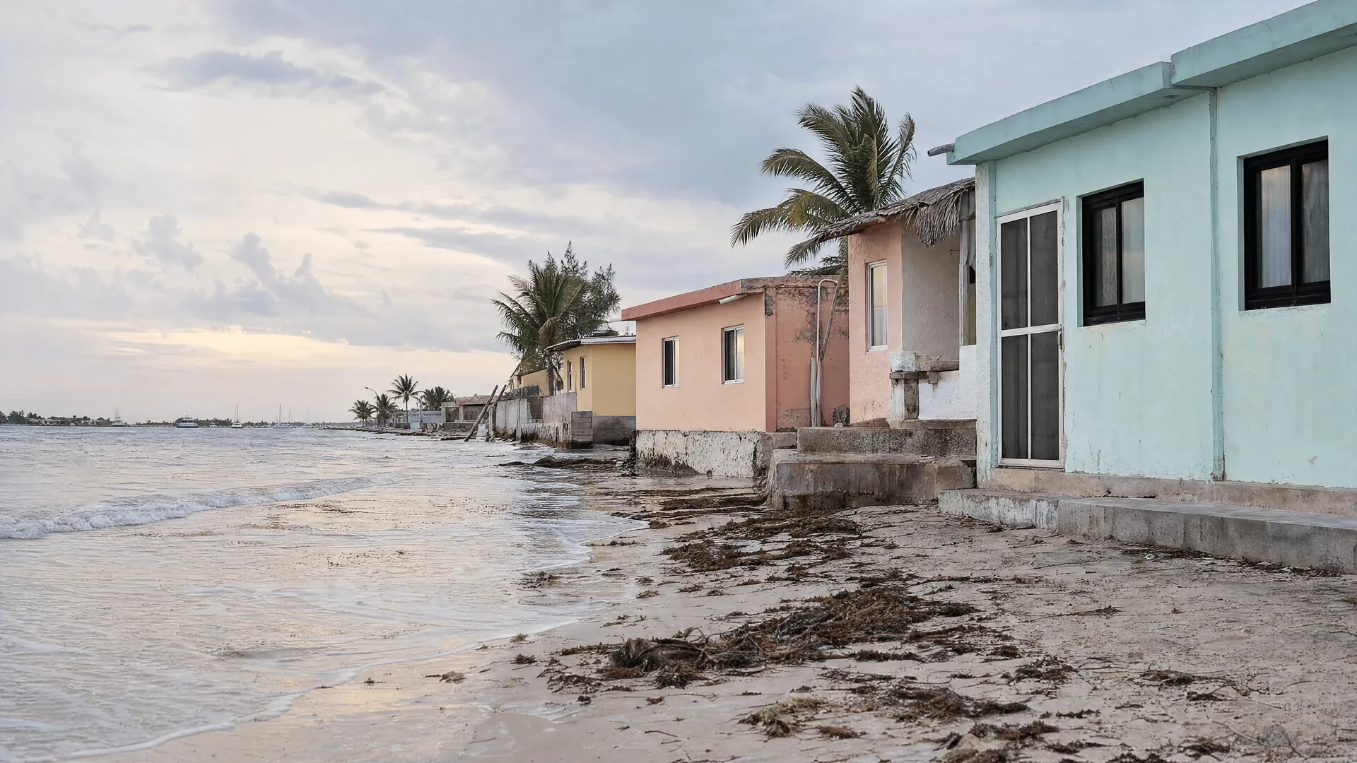 Casas de colores pastel junto a la orilla en Puerto San Carlos, con olas cerca de sus cimientos bajo un cielo nublado