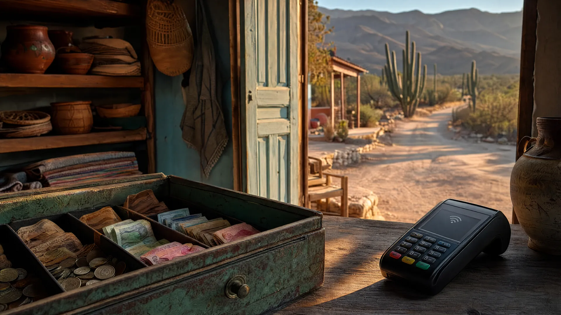 Mostrador de una tienda rural en el desierto sudcaliforniano con monedas, billetes y una terminal de pago sin señal, al atardecer.