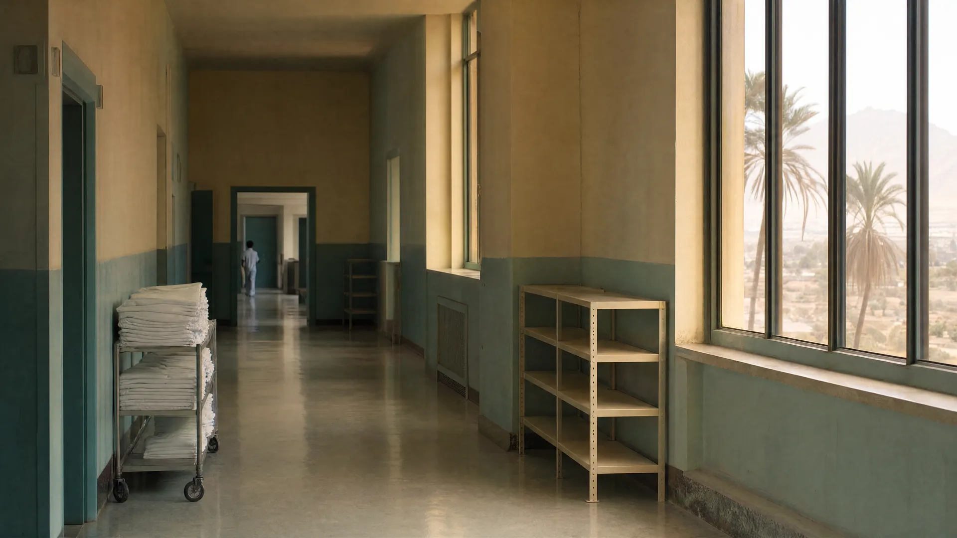 Pasillo de hospital en La Paz con estantes de insumos casi vacíos y un carrito con uniformes blancos, iluminado por luz de tarde.