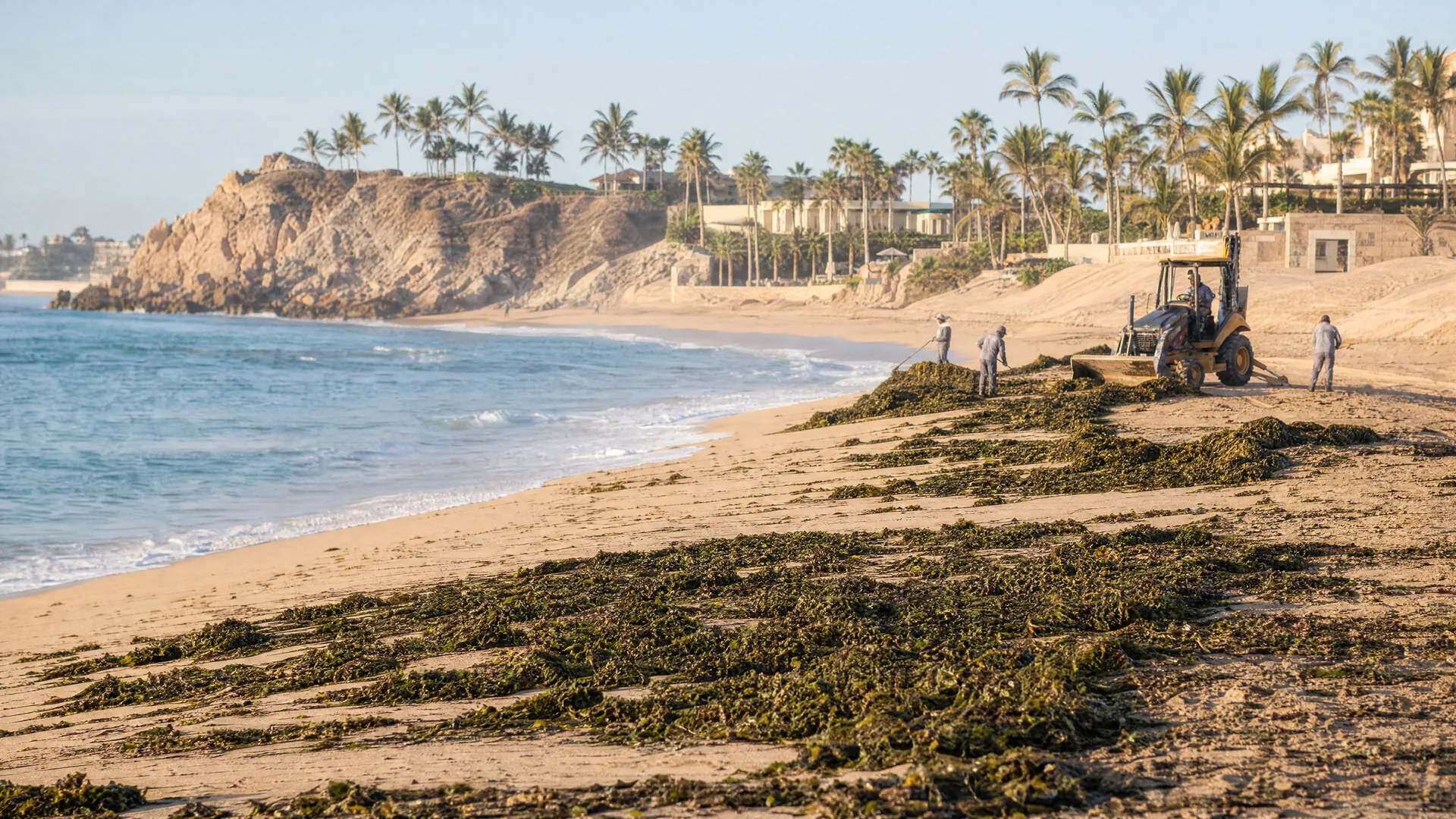 Playa de Los Cabos al amanecer con lirio acuático en la orilla y trabajadores lejanos retirándolo junto a una pequeña máquina cargadora.
