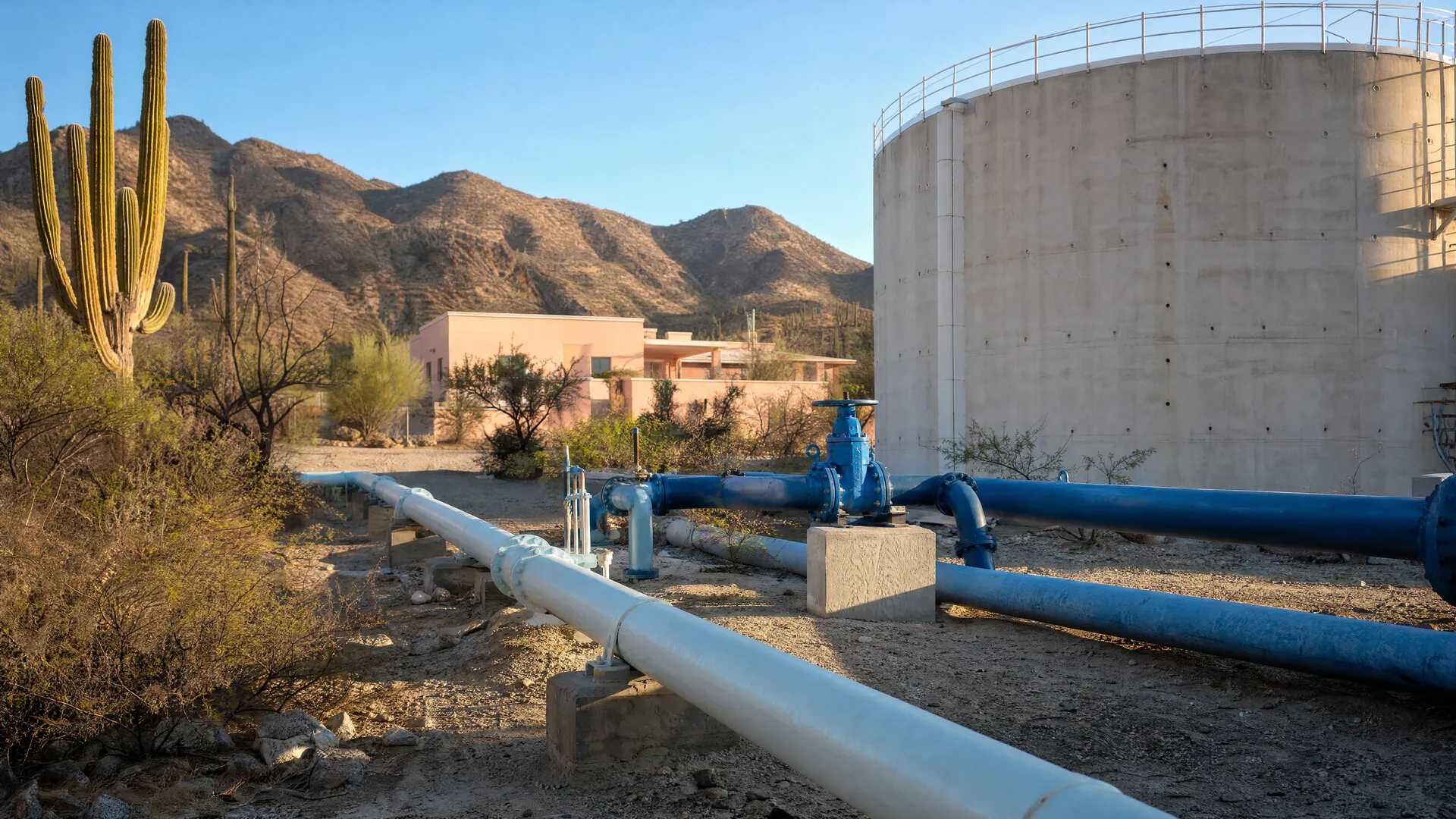 Tubería de agua y tanque de almacenamiento junto a una clínica de fachada pastel en un pueblo desértico de BCS, con cactus y sierra al fondo.