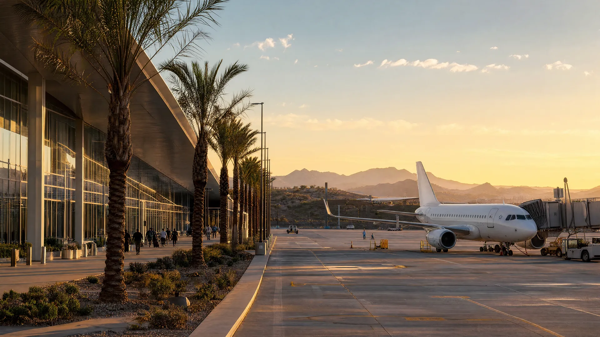Terminal de aeropuerto en el desierto al atardecer, con un avión blanco estacionado, palmeras, cerros secos y viajeros lejanos.