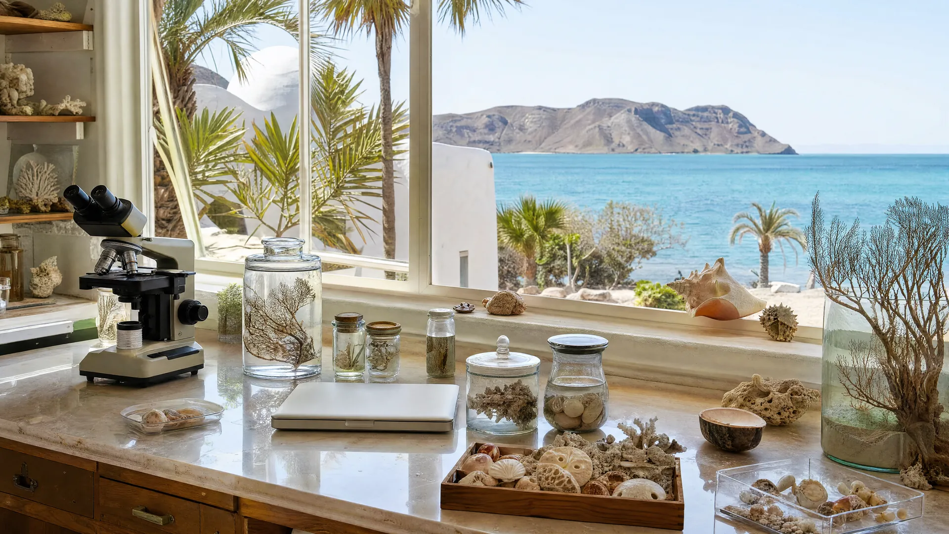 Mesa de laboratorio de biología marina con microscopio, conchas y laptop junto a una ventana con vista al Golfo de California