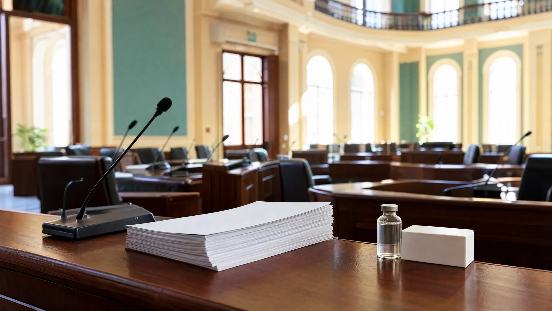 Salón legislativo vacío en La Paz con documentos y un frasco de medicamento sin etiqueta sobre un escritorio, bajo luz matinal.