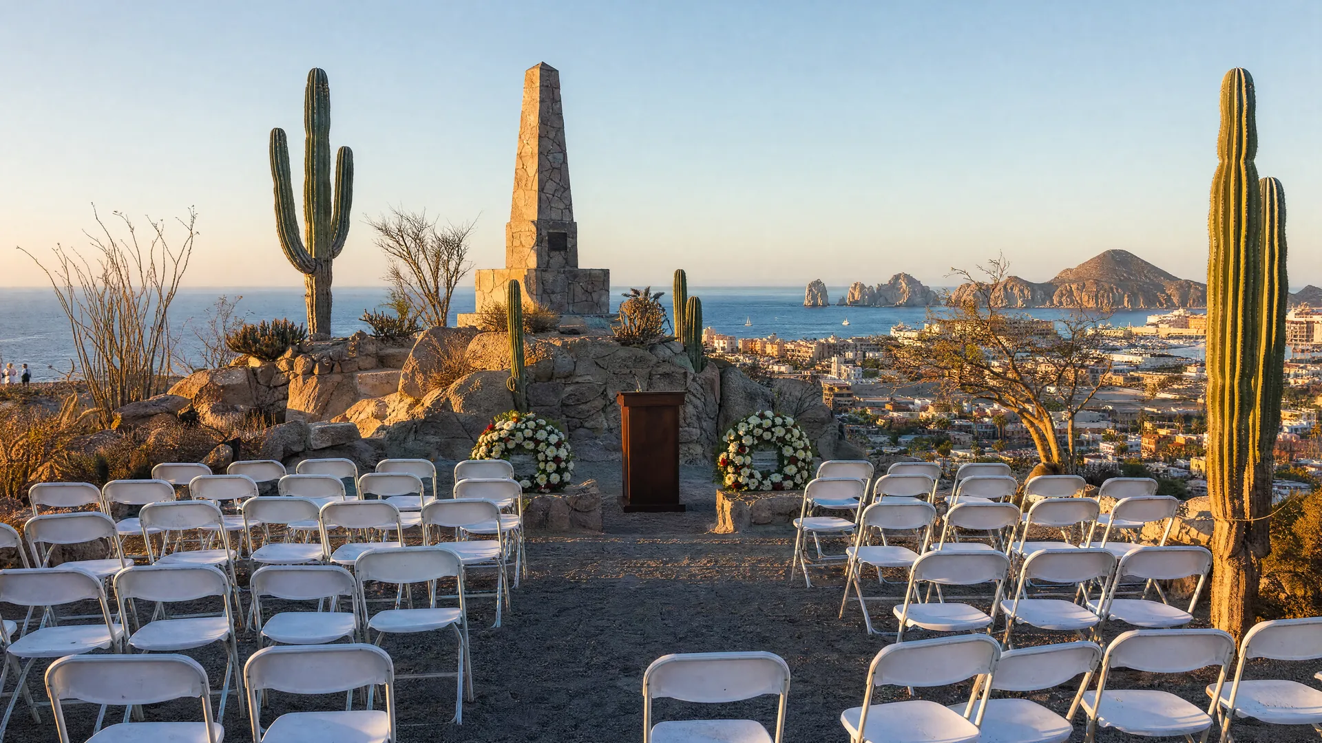 Monumento de piedra en un cerro con sillas blancas y ofrendas florales, con vista a la bahía de Cabo San Lucas al amanecer
