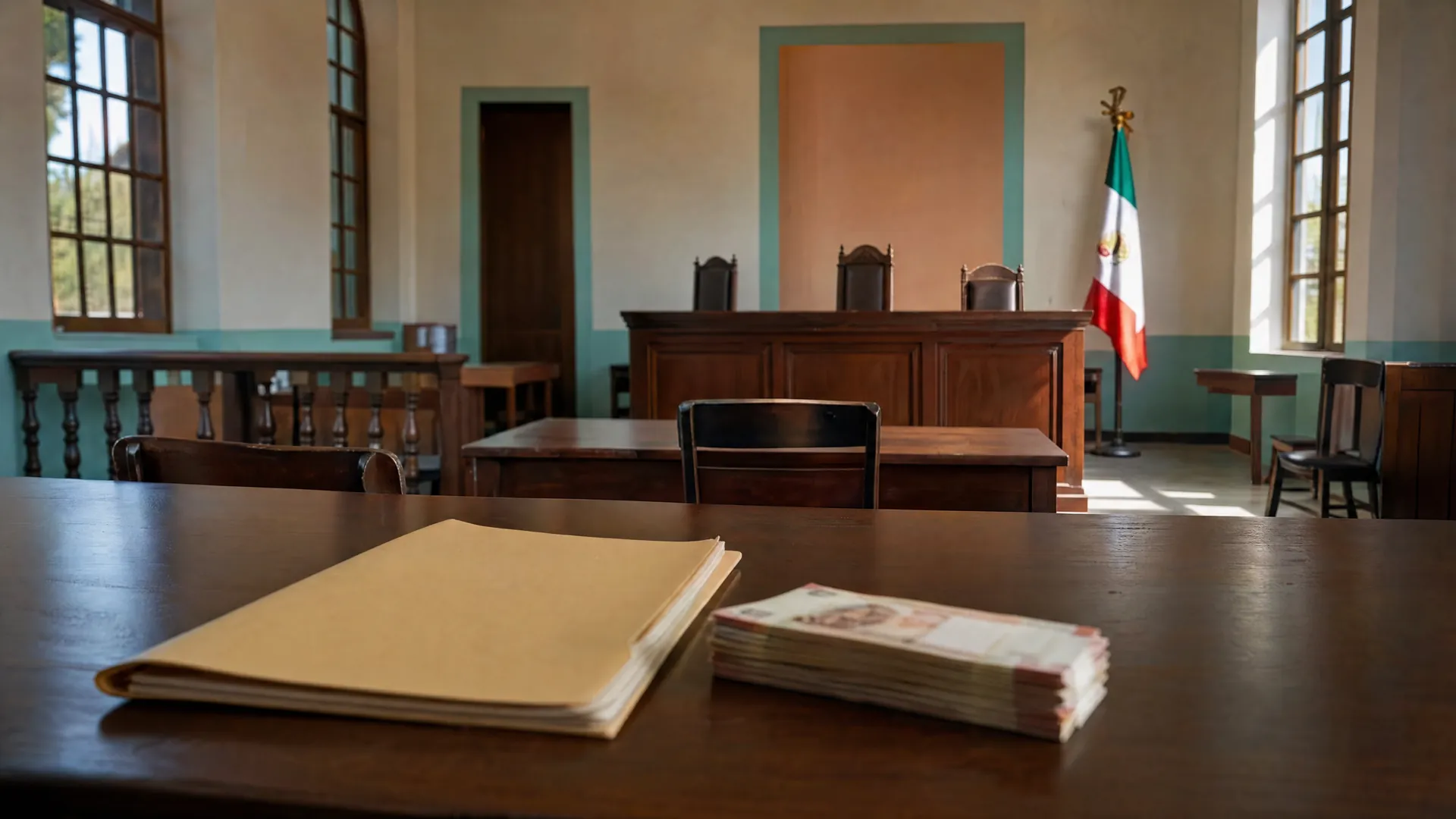 Sala de audiencias vacía en Mulegé con estrado de madera, y en primer plano una carpeta cerrada junto a billetes de pesos mexicanos.