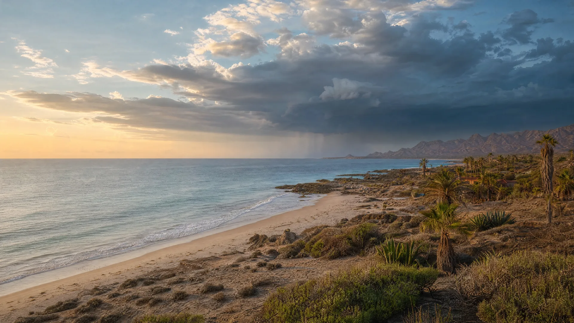 Costa del Pacífico en Baja California Sur con playa tranquila y palmeras, mientras nubes de tormenta se forman a lo lejos sobre el mar.